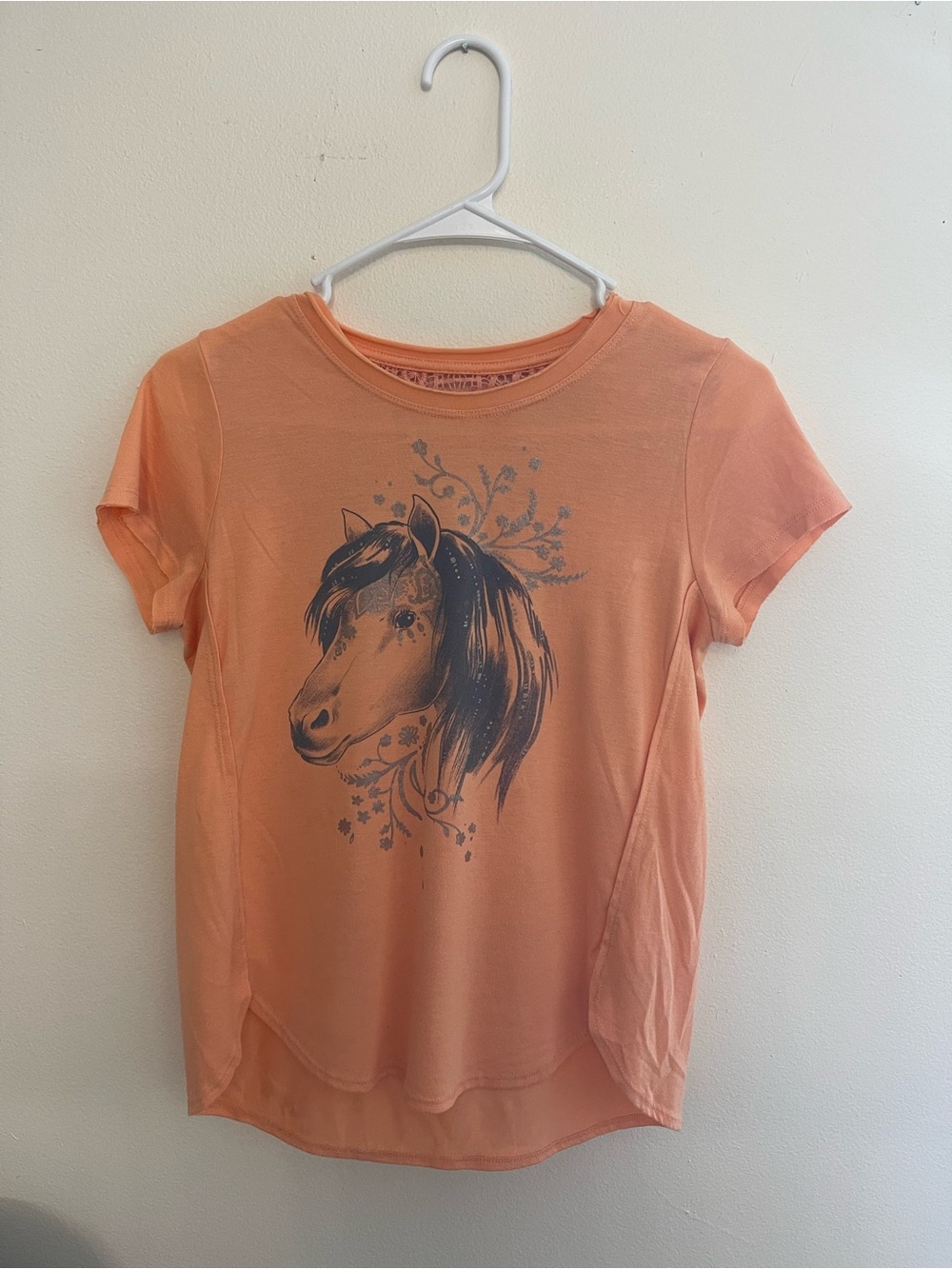 Mudd Girls Peach Horse Graphic Tee Shirt with Crochet Lace Back Size 14